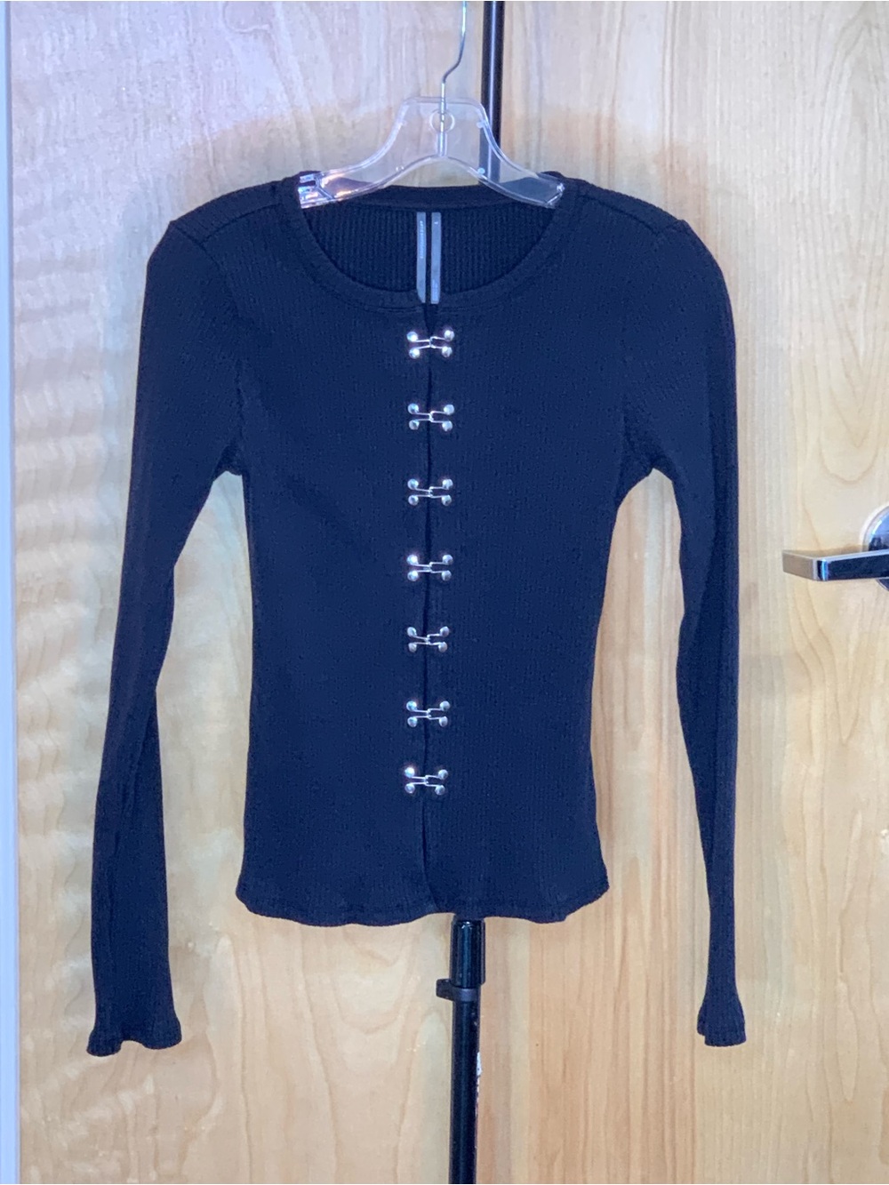 Anthropologie Black Long-Sleeve Knit Top with Front Hook Closure - Size Small